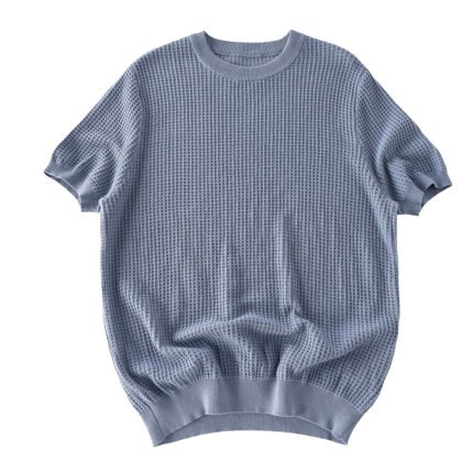 Style 62619 blue waffle-knit crew-neck T-shirt, flat lay front view