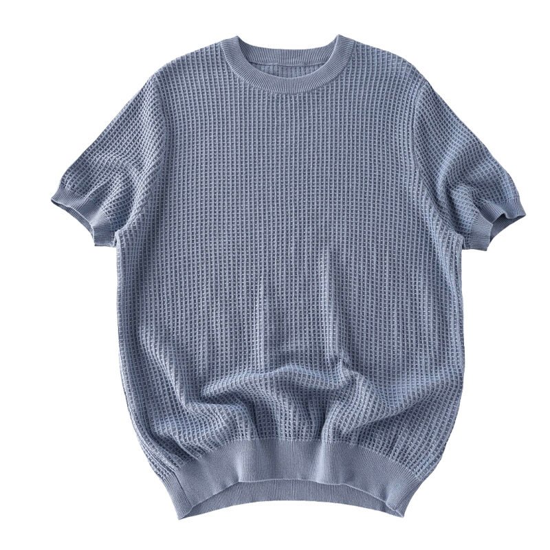 Style 62619 blue waffle-knit crew-neck T-shirt, flat lay front view