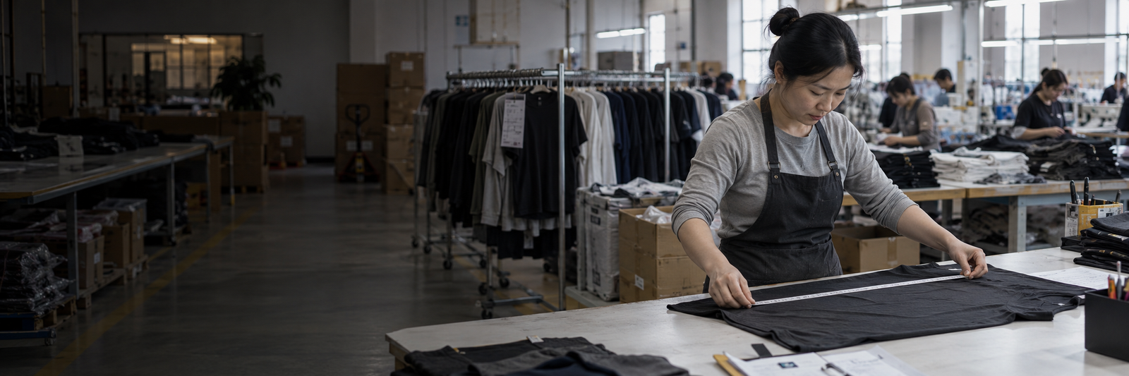 PRODUCTION & QUALITY CONTROLMADE FOR YOUR BRAND. CHECKED FOR QUALITY.We review measurements, workmanship and finishing before garments are packed for shipment.T-SHIRTS · HOODIES · PANTS · ACTIVEWEAR · STREETWEAR